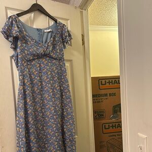 Altar'd State Blue Pink Ruffled Wrap Midi Dress